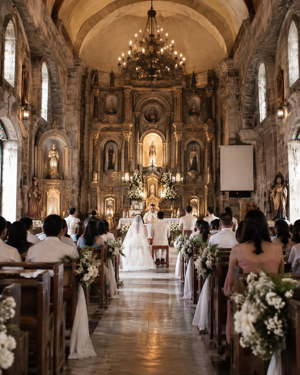 A wedding mass inside an old stone church decorated with white flowers