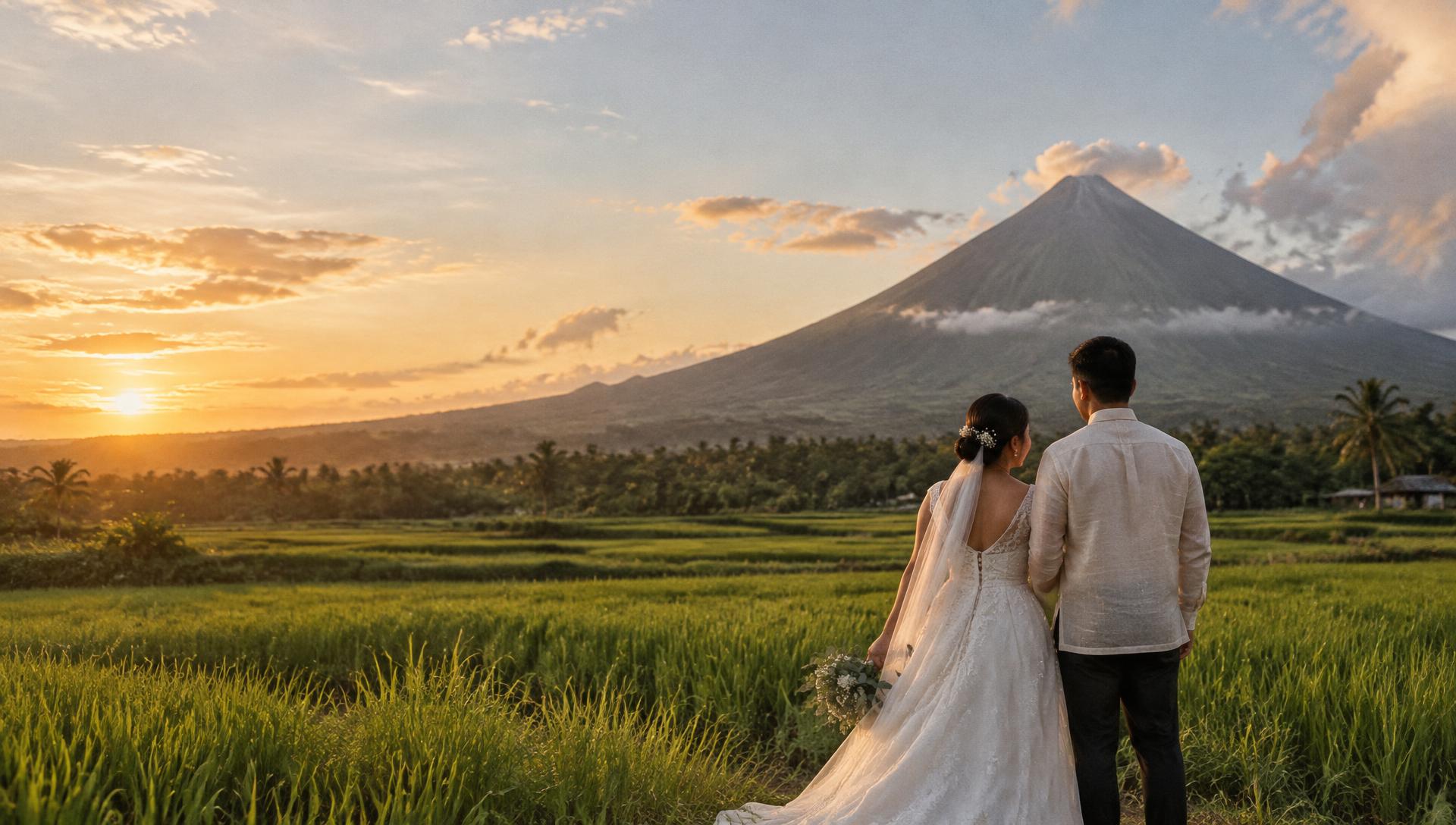 A bride and groom in a rice field looking toward Mayon Volcano at sunset