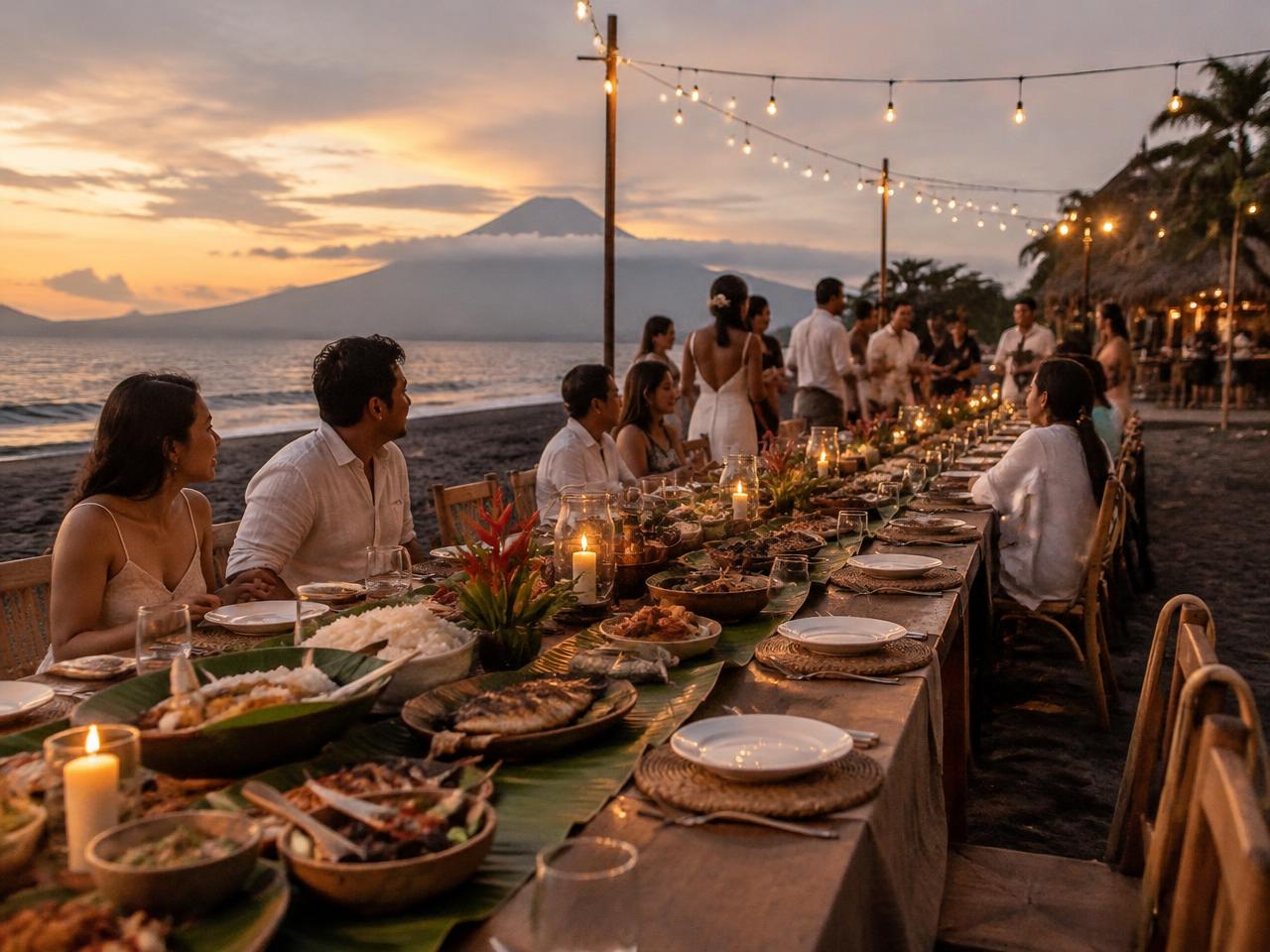 A long beach reception table with Bicolano food on banana leaves at dusk